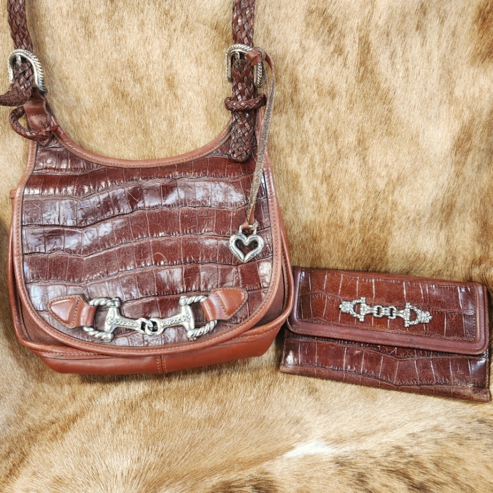 Vintage Brighton Croc Embossed Leather Crossbody Bag and Matching Wallet